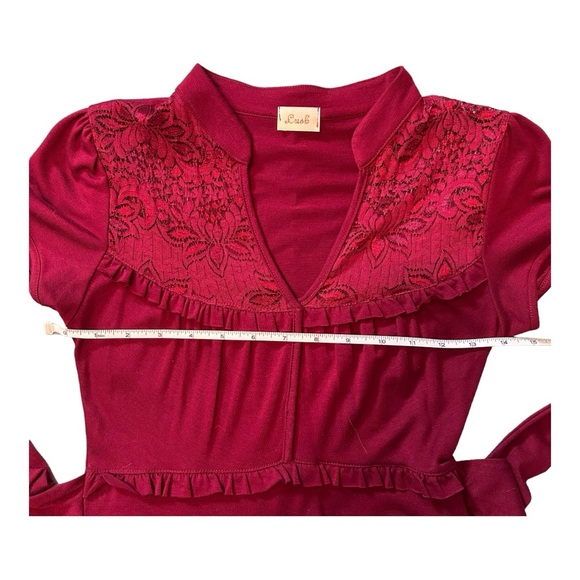 Lush Vintage-Inspired Lace Inset Short Sleeve Tie-Waist Dress - Size S, Burgundy - Picture 7 of 8